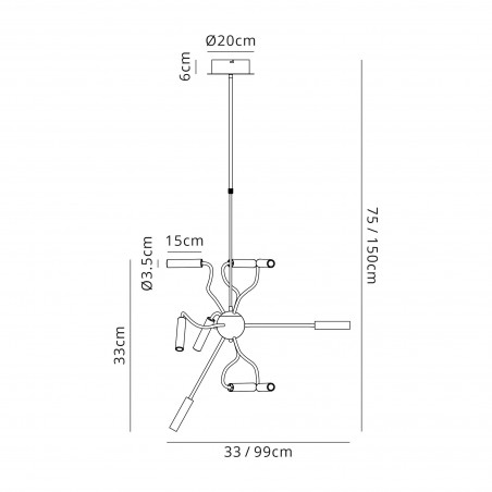 Stella Sputnik Pendant, 9 Light Adjustable Arms, 9 x 4W LED Dimmable, 3000K, 2250lm, Black/Satin Copper, 3yrs Warranty DELight -