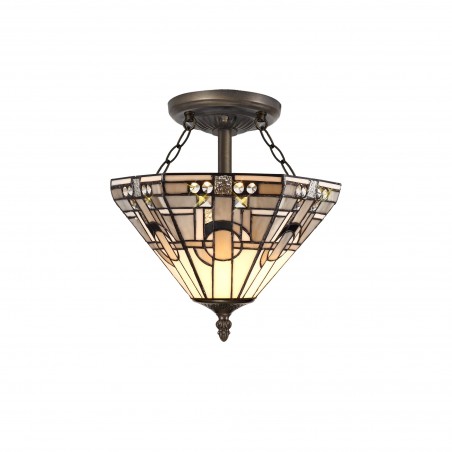 Larissa 2 Light E27 Semi Ceiling With Tiffany Shade 30cm Shade, White/Grey/Black/Clear Crystal/Aged Antique Brass DELight - 1