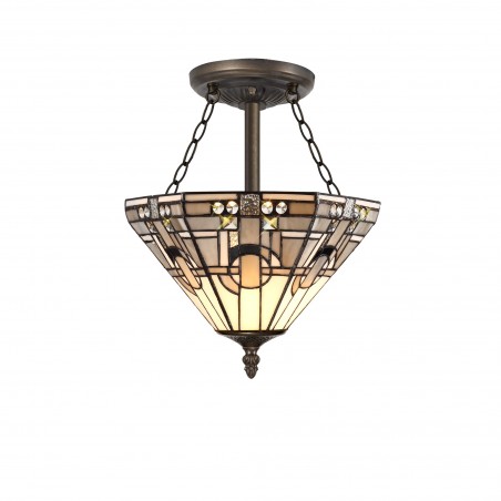 Larissa 3 Light E27 Semi Ceiling With Tiffany Shade 30cm Shade, White/Grey/Black/Clear Crystal/Aged Antique Brass DELight - 1
