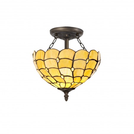 Bode 2 Light Semi Ceiling E27 With 30cm Tiffany Shade, Beige/Clear Crystal/Aged Antique Brass DELight - 1