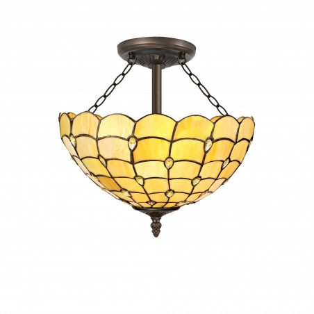 Bode 3 Light Semi Ceiling E27 With 40cm Tiffany Shade, Beige/Clear Crystal/Aged Antique Brass DELight - 1