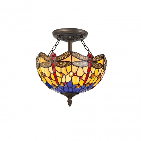 Athos 2 Light Semi Ceiling E27 With 30cm Tiffany Shade, Blue/Orange/Crystal/Aged Antique Brass DELight - 1