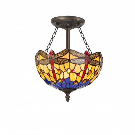 Athos 3 Light Semi Ceiling E27 With 30cm Tiffany Shade, Blue/Orange/Crystal/Aged Antique Brass DELight - 1