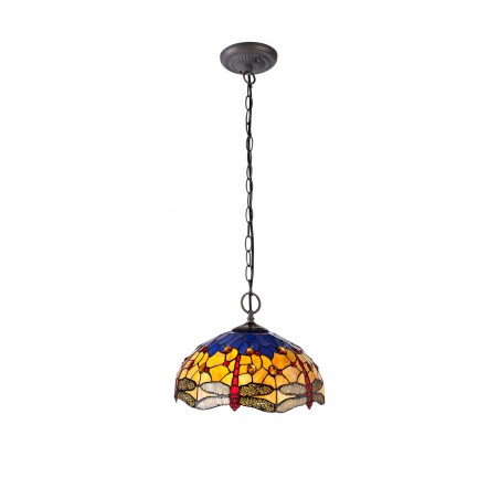 Athos 2 Light Downlighter Pendant E27 With 40cm Tiffany Shade, Blue/Orange/Crystal/Aged Antique Brass DELight - 1