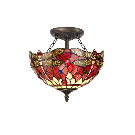 Athos 2 Light Semi Ceiling E27 With 30cm Tiffany Shade, Purple/Pink/Crystal/Aged Antique Brass DELight - 1
