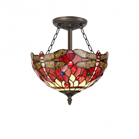 Athos 3 Light Semi Ceiling E27 With 30cm Tiffany Shade, Purple/Pink/Crystal/Aged Antique Brass DELight - 1
