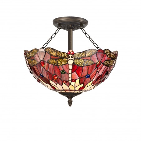 Athos 3 Light Semi Ceiling E27 With 40cm Tiffany Shade, Purple/Pink/Crystal/Aged Antique Brass DELight - 1