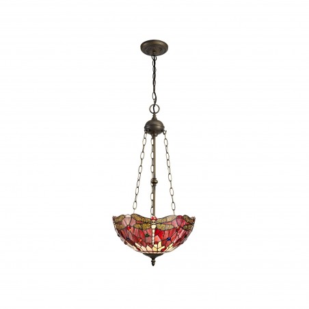 Athos 3 Light Uplighter Pendant E27 With 40cm Tiffany Shade, Purple/Pink/Crystal/Aged Antique Brass DELight - 1