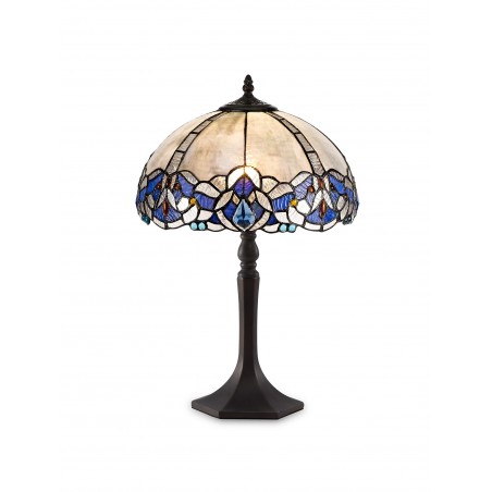 Chandra 1 Light Octagonal Table Lamp E27 With 30cm Tiffany Shade, Blue/Clear Crystal/Aged Antique Brass DELight - 1
