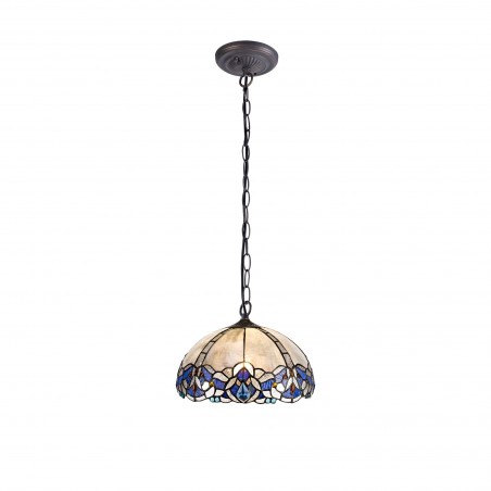 Chandra 1 Light Downlight Pendant E27 With 30cm Tiffany Shade, Blue/Clear Crystal/Aged Antique Brass DELight - 1