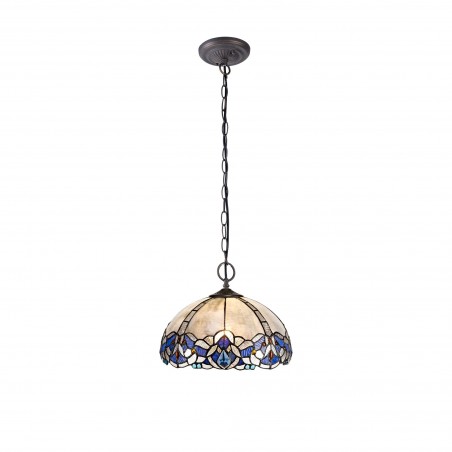 Chandra 2 Light Downlight Pendant E27 With 30cm Tiffany Shade, Blue/Clear Crystal/Aged Antique Brass DELight - 1