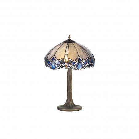 Chandra 2 Light Tree Like Table Lamp E27 With 40cm Tiffany Shade, Blue/Clear Crystal/Aged Antique Brass DELight - 1
