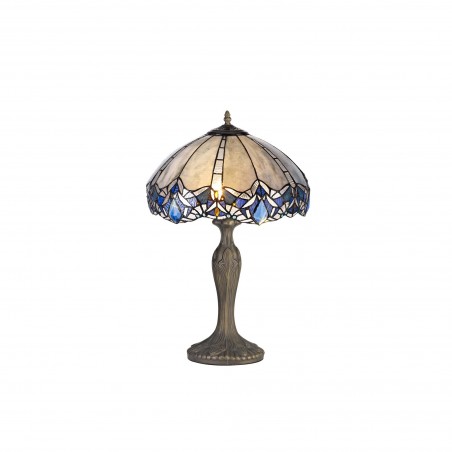 Chandra 2 Light Curved Table Lamp E27 With 40cm Tiffany Shade, Blue/Clear Crystal/Aged Antique Brass DELight - 1