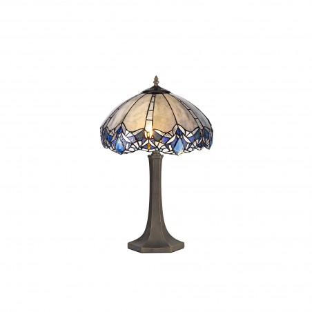 Chandra 2 Light Octagonal Table Lamp E27 With 40cm Tiffany Shade, Blue/Clear Crystal/Aged Antique Brass DELight - 1