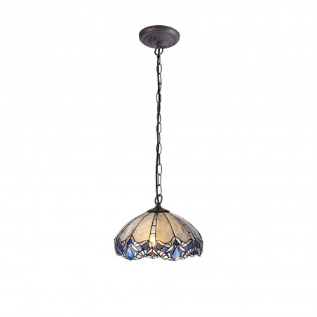 Chandra 1 Light Downlight Pendant E27 With 40cm Tiffany Shade, Blue/Clear Crystal/Aged Antique Brass DELight - 1