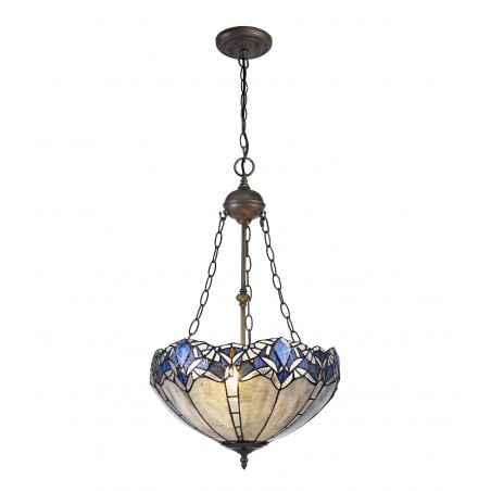 Chandra 2 Light Uplighter Pendant E27 With 40cm Tiffany Shade, Blue/Clear Crystal/Aged Antique Brass DELight - 1