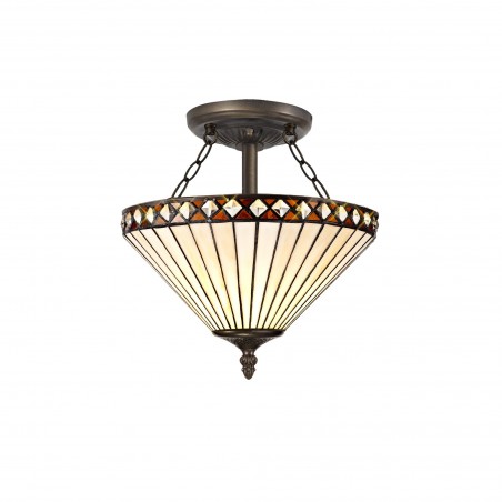 Eden 2 Light Semi Ceiling E27 With 30cm Tiffany Shade, Amber/Cazure/Crystal/Aged Antique Brass DELight - 1