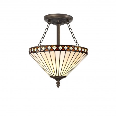 Eden 3 Light Semi Ceiling E27 With 30cm Tiffany Shade, Amber/Cazure/Crystal/Aged Antique Brass DELight - 1