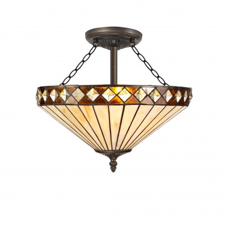 Eden 3 Light Semi Ceiling E27 With 40cm Tiffany Shade, Amber/Cazure/Crystal/Aged Antique Brass DELight - 1
