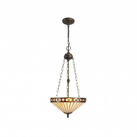 Eden 3 Light Uplighter Pendant E27 With 40cm Tiffany Shade, Amber/Cazure/Crystal/Aged Antique Brass DELight - 1