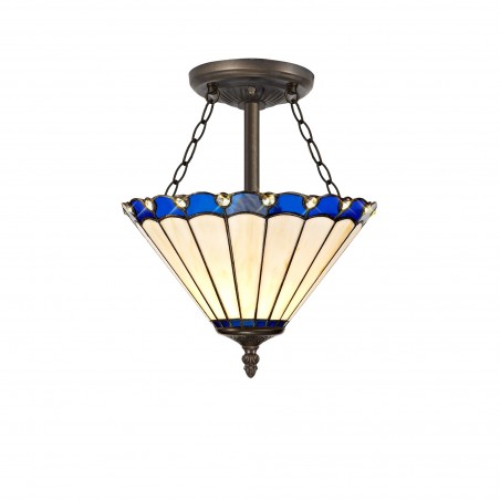 Tao 3 Light Semi Ceiling E27 With 30cm Tiffany Shade, Blue/Cazure/Crystal/Aged Antique Brass DELight - 1