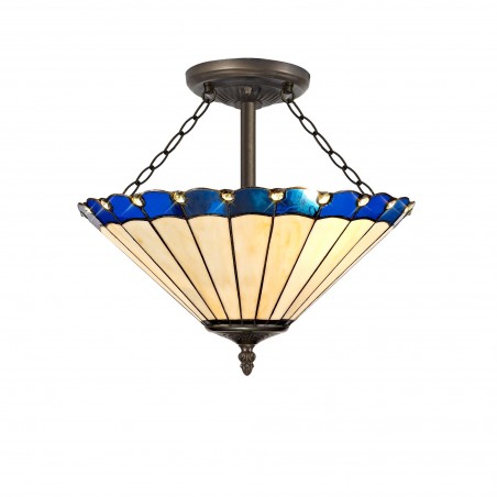 Tao 3 Light Semi Ceiling E27 With 40cm Tiffany Shade, Blue/Cazure/Crystal/Aged Antique Brass DELight - 1