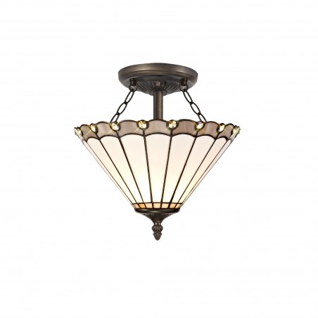 Tao 2 Light Semi Ceiling E27 With 30cm Tiffany Shade, Grey/Cazure/Crystal/Aged Antique Brass DELight - 1