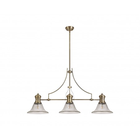Cane 3 Light Linear Pendant E27 With 30cm Smooth Bell Glass Shade, Antique Brass, Clear DELight - 1
