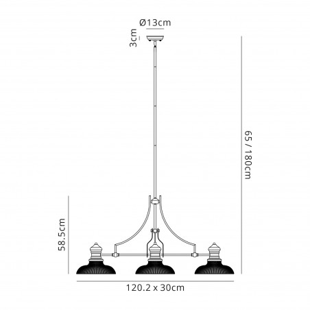Cane 3 Light Linear Pendant E27 With 30cm Round Glass Shade, Polished Nickel, Clear DELight - 2