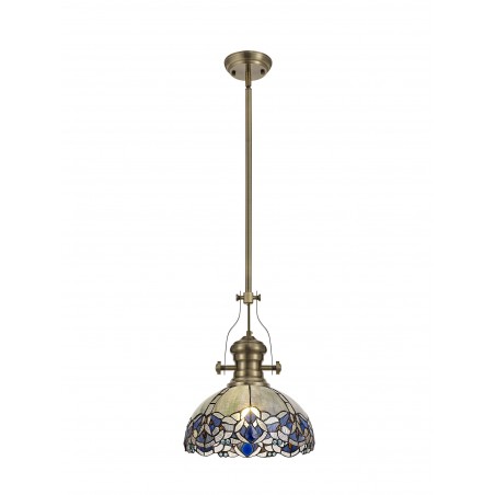 Cane/Chandra 1 Light Pendant E27 With 30cm Tiffany Shade, Antique Brass/Blue/Clear Crystal DELight - 1