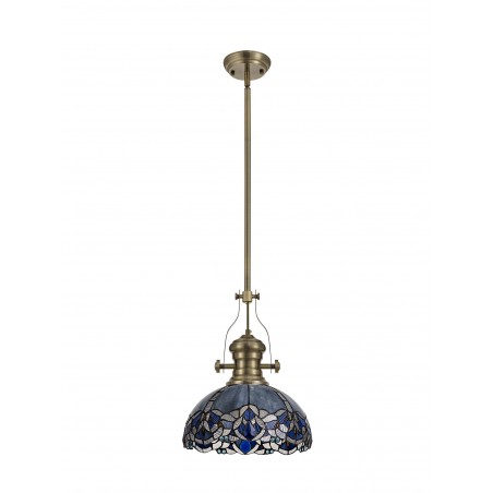 Cane/Chandra 1 Light Pendant E27 With 30cm Tiffany Shade, Antique Brass/Blue/Clear Crystal DELight - 3