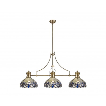 Cane, Chandra 3 Light Linear Pendant E27 With 30cm Tiffany Shade, Antique Brass, Blue, Clear Crystal DELight - 1