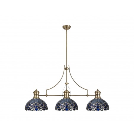 Cane, Chandra 3 Light Linear Pendant E27 With 30cm Tiffany Shade, Antique Brass, Blue, Clear Crystal DELight - 3