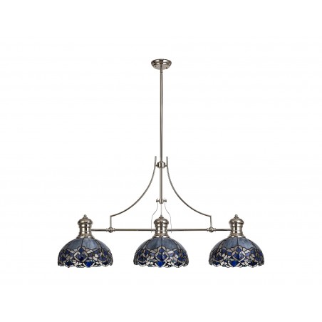 Cane, Chandra 3 Light Linear Linear Pendant E27 With 30cm Tiffany Shade, Polished Nickel, Blue, Clear Crystal DELight - 3