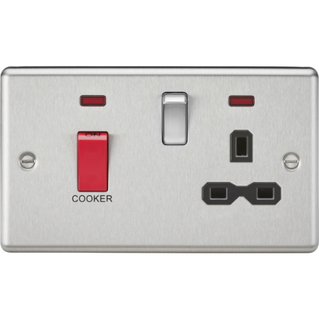 Knightsbridge CL83BC 45A DP Cooker Switch & 13A Switched Socket with Neons & Black Insert - Rounded Edge Brushed Chrome