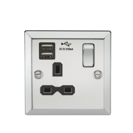 Knightsbridge CV91PC 13A 1G Switched Socket Dual USB Charger Slots with Black Insert - Bevelled Edge Polished Chrome