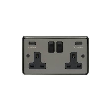 Eurolite BN2USBB 13A 2 Gang Round Edge Black Nickel Switched Socket With Combined 4.8 Amp Usb Outlets and Black Rockers