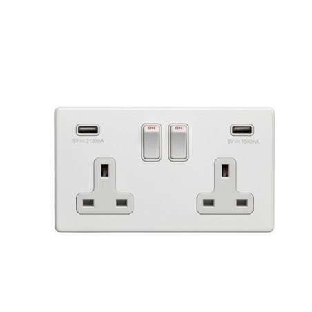 Eurolite ECW2USBW 13A 2 Gang Double Pole Screwless Flatplate White Switched Socket With USB and White Rockers