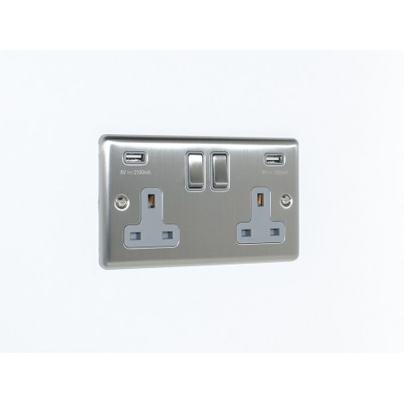 Eurolite EN2USBSSG 13A 2 Gang Satin Stainless Steel/Brushed Chrome Enhance Switched Socket With USB