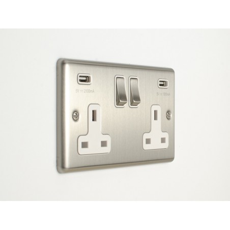 Eurolite EN2USBSSW 13A 2 Gang Satin Stainless Steel/Brushed Chrome Enhance Switched Socket With USB Eurolite - 2