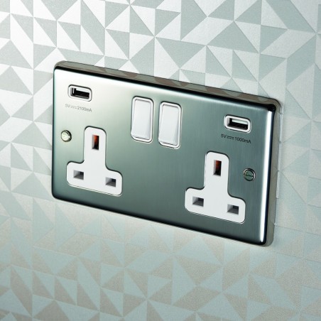 Eurolite PSS2USBW 13A 2 Gang Round Edge Polished Stainless Steel Switched Socket With USB Eurolite - 1
