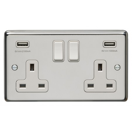 Eurolite PSS2USBW 13A 2 Gang Round Edge Polished Stainless Steel Switched Socket With USB