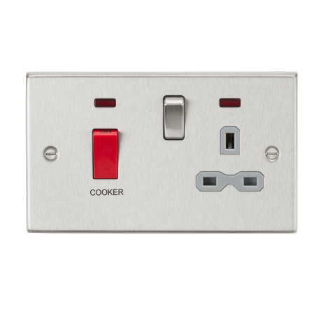 Knightsbridge CS83BCG 45A DP Cooker Switch & 13A Switched Socket with Neons & Grey Insert - Square Edge Brushed Chrome