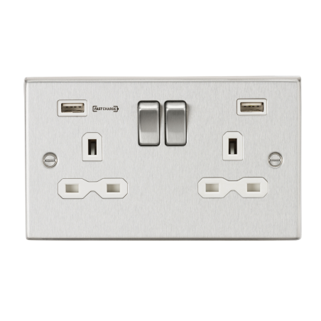 Knightsbridge CS9906BCW 13A 2G DP Switched Socket with Dual USB Charger (Type-A FASTCHARGE port) - Brushed Chrome/White