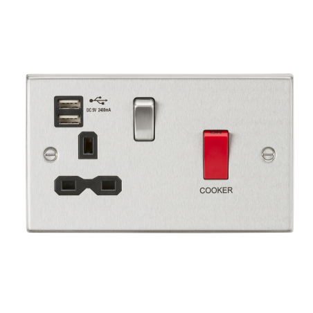 Knightsbridge CS8333UBC 45A DP Switch & 13A Switched Socket with Dual USB Charger 2.4A - Brushed Chrome with black insert