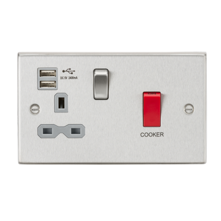 Knightsbridge CS8333UBCG 45A DP Switch & 13A Switched Socket with Dual USB Charger 2.4A - Brushed Chrome with grey insert