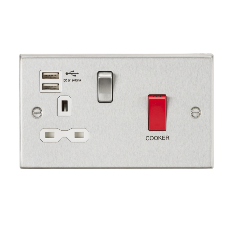 Knightsbridge CS8333UBCW 45A DP Switch & 13A Switched Socket with Dual USB Charger 2.4A - Brushed Chrome with white insert