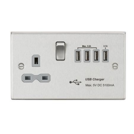 Knightsbridge CS7USB4BCG 13A switched socket with quad USB charger (5.1A) - brushed chrome with grey insert