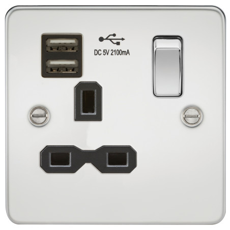 Knightsbridge FPR9901PC Flat plate 13A 1G switched socket with dual USB charger (2.1A) - polished chrome with black insert