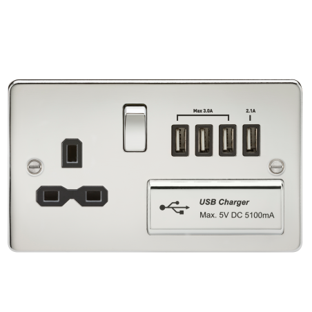 Knightsbridge FPR7USB4PC Flat plate 13A switched socket with quad USB charger - polished chrome with black insert